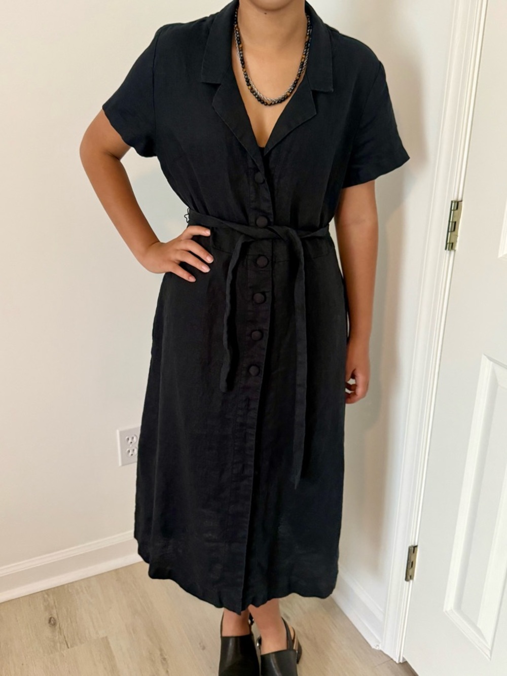 Quince European Linen Short-Sleeve Button-Front Midi Dress with Tie Waist, Black
